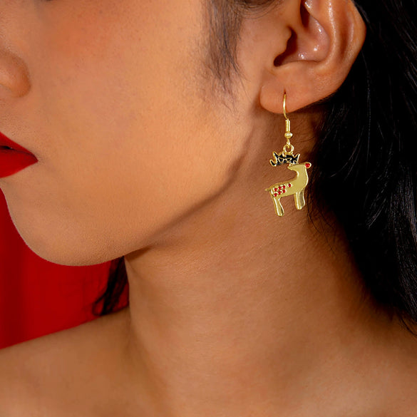 Alloy Electroplated Christmas Tree And Elk Geometric Earrings Cute Retro Holiday Design In Red And Green