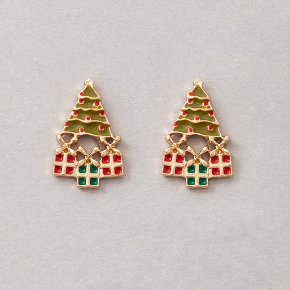 Alloy Electroplated Christmas Tree And Elk Geometric Earrings Cute Retro Holiday Design In Red And Green