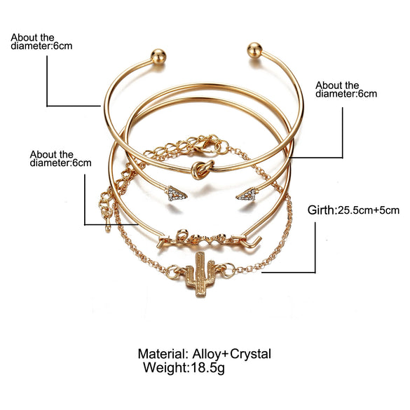 Alloy Electroplated Geometric Bracelet Set With Cactus Triangle Knot Letter And Arrow Charms Ins Style Fashion Bangle Set