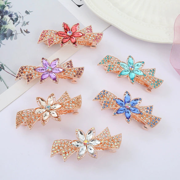 Alloy Electroplated Rhinestone Crystal Flower Plate Ponytail Hair Spring Clip Hairpin For Women