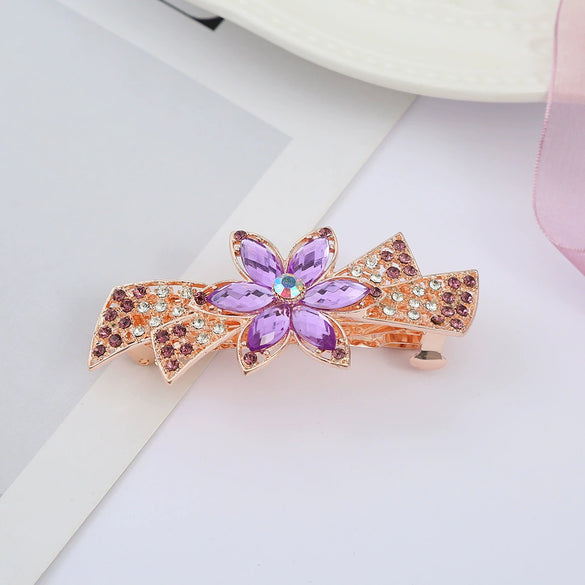 Alloy Electroplated Rhinestone Crystal Flower Plate Ponytail Hair Spring Clip Hairpin For Women