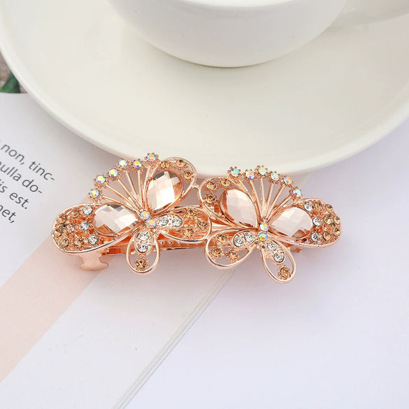 Alloy Electroplated Rhinestone Crystal Flower Plate Ponytail Hair Spring Clip Hairpin For Women