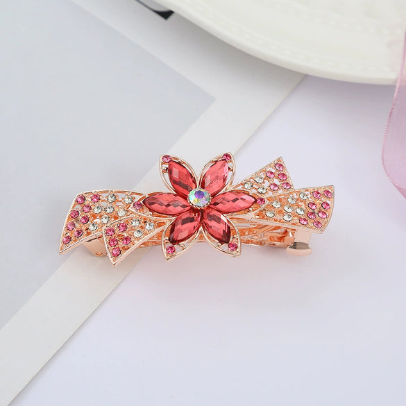 Alloy Electroplated Rhinestone Crystal Flower Plate Ponytail Hair Spring Clip Hairpin For Women