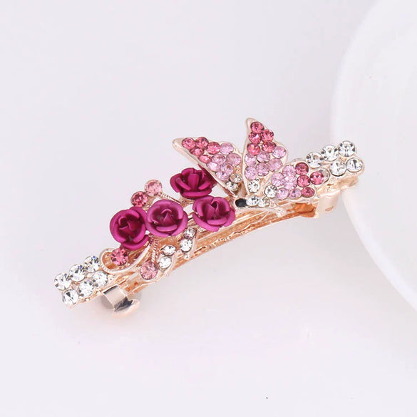 Alloy Electroplated Rose Flower Rhinestone Butterfly Women's Hairpin Hair Accessory