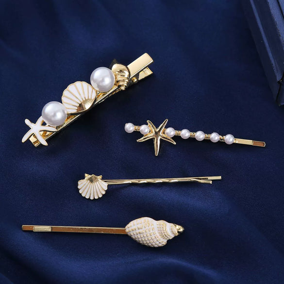 Alloy Electroplated Starfish Shell Pearl Cartoon Side Hairpin For Women
