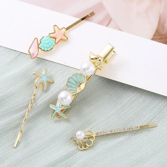 Alloy Electroplated Starfish Shell Pearl Cartoon Side Hairpin For Women