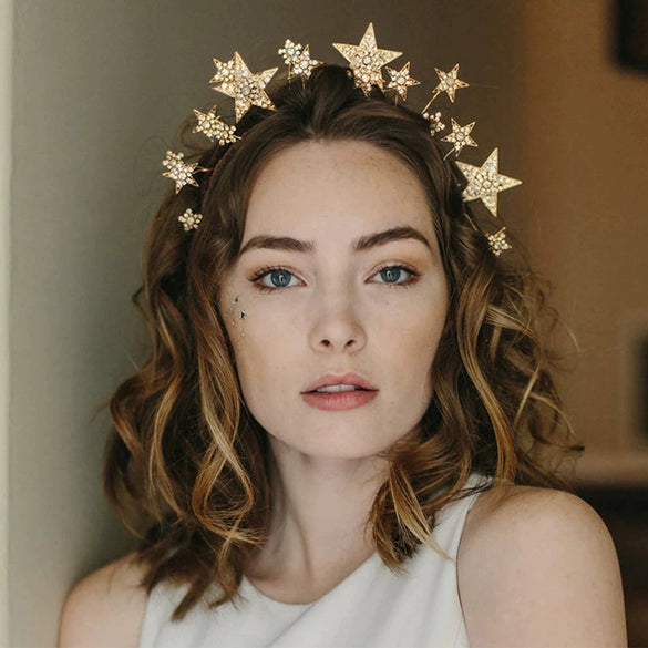 Alloy Electroplated Three Dimensional Star Headband For Women With Diamond And Pearl Simple Style