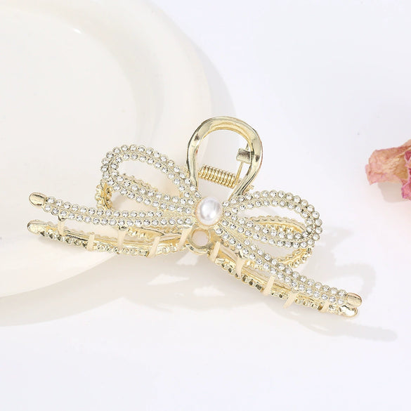 Alloy Electroplated Women's Rhinestone Pearl Hair Shark Clip With Bow Design