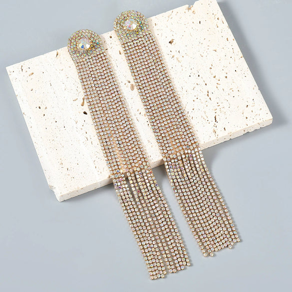 Alloy Encrusted Rhinestone Long Tassel Earrings Trendy Women's Fashionable Earrings
