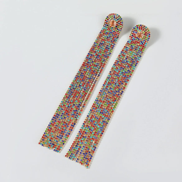 Alloy Encrusted Rhinestone Long Tassel Earrings Trendy Women's Fashionable Earrings
