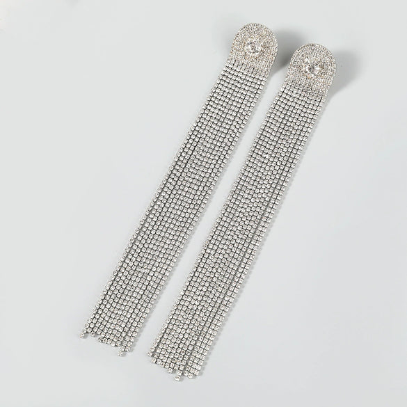 Alloy Encrusted Rhinestone Long Tassel Earrings Trendy Women's Fashionable Earrings