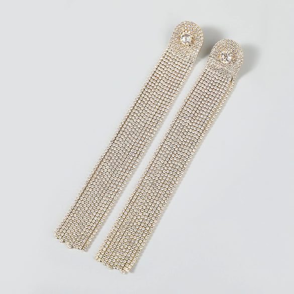 Alloy Encrusted Rhinestone Long Tassel Earrings Trendy Women's Fashionable Earrings