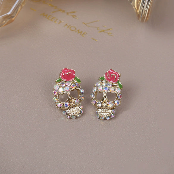 Alloy Exaggerated Punk Style Retro Cartoon Characters Rose Skull Microinlaid Women's Jewelry Earrings