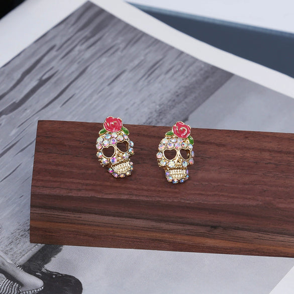 Alloy Exaggerated Punk Style Retro Cartoon Characters Rose Skull Microinlaid Women's Jewelry Earrings