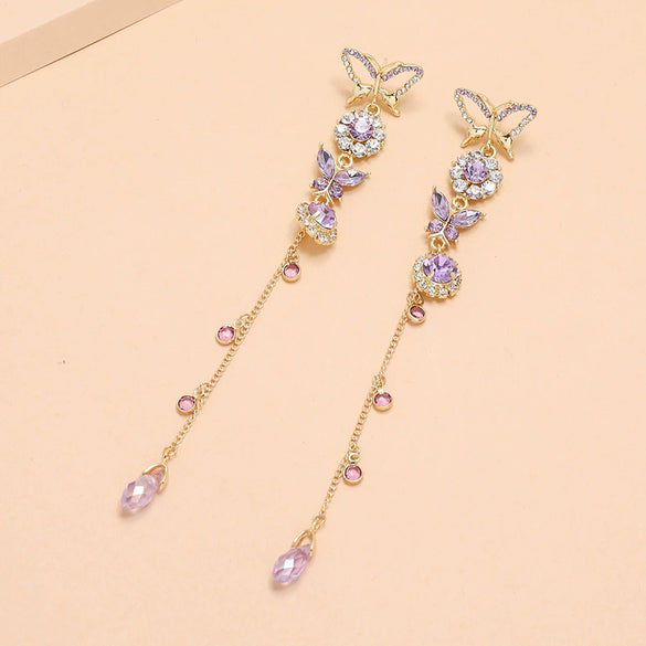 Alloy Fashion Cool Purple Butterfly Long Tassel Earrings With Diamond Design
