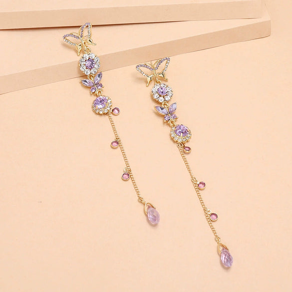 Alloy Fashion Cool Purple Butterfly Long Tassel Earrings With Diamond Design