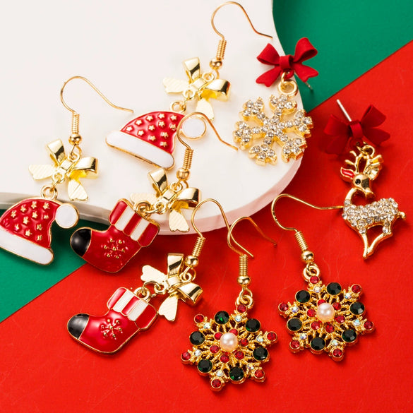 Alloy Fashion Festival Element Elk Snowflake Christmas Stocking Diamond Earrings For Women