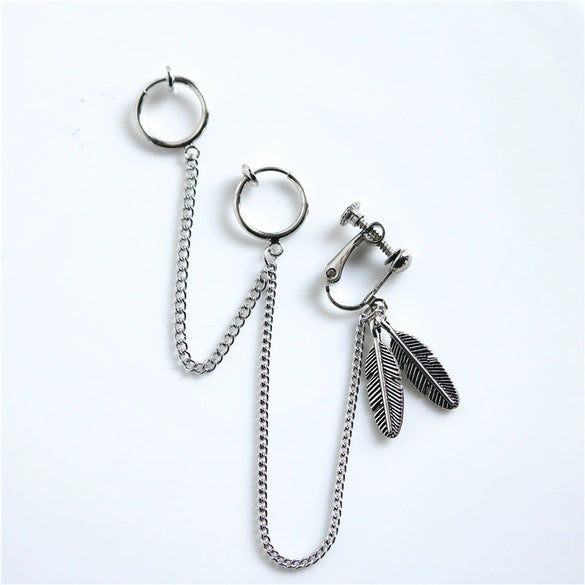 Alloy Feather And Leaf Cross Chain Drop Earrings With Electroplated Tassel Ear Clip Design For Men And Women