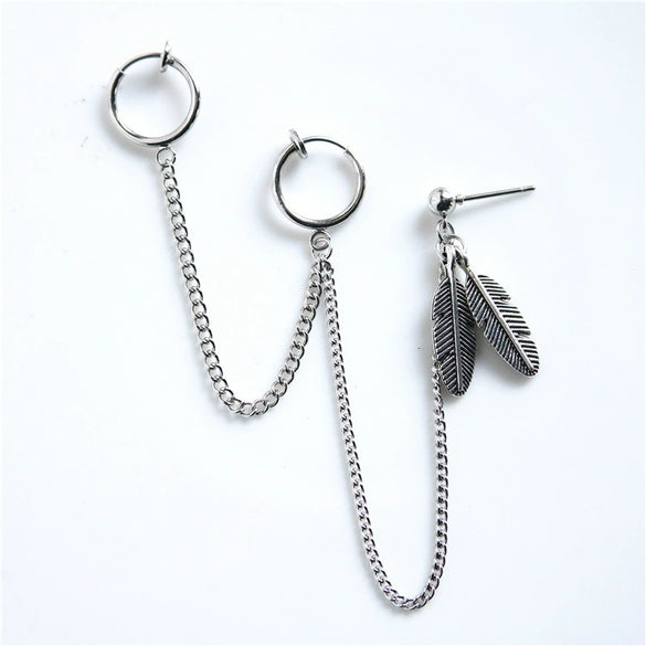 Alloy Feather And Leaf Cross Chain Drop Earrings With Electroplated Tassel Ear Clip Design For Men And Women