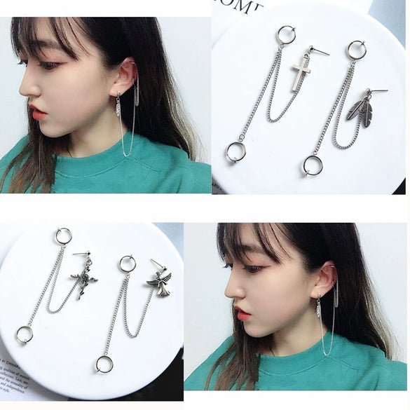 Alloy Feather And Leaf Cross Chain Drop Earrings With Electroplated Tassel Ear Clip Design For Men And Women