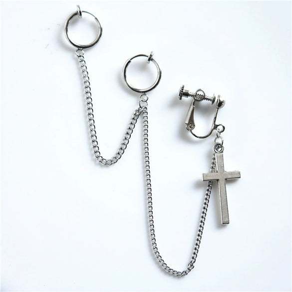Alloy Feather And Leaf Cross Chain Drop Earrings With Electroplated Tassel Ear Clip Design For Men And Women