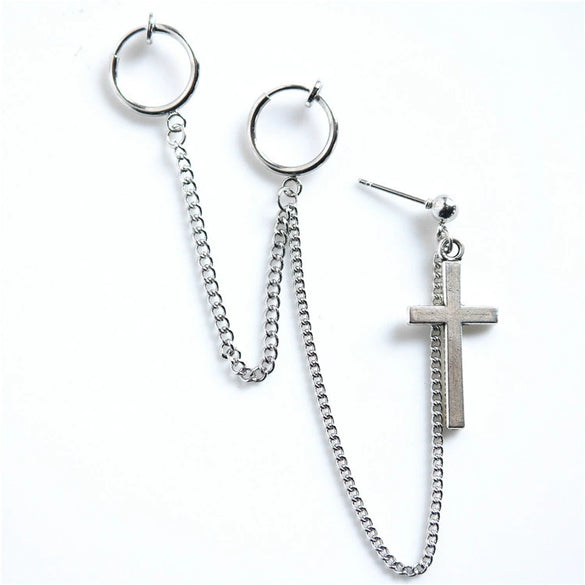 Alloy Feather And Leaf Cross Chain Drop Earrings With Electroplated Tassel Ear Clip Design For Men And Women
