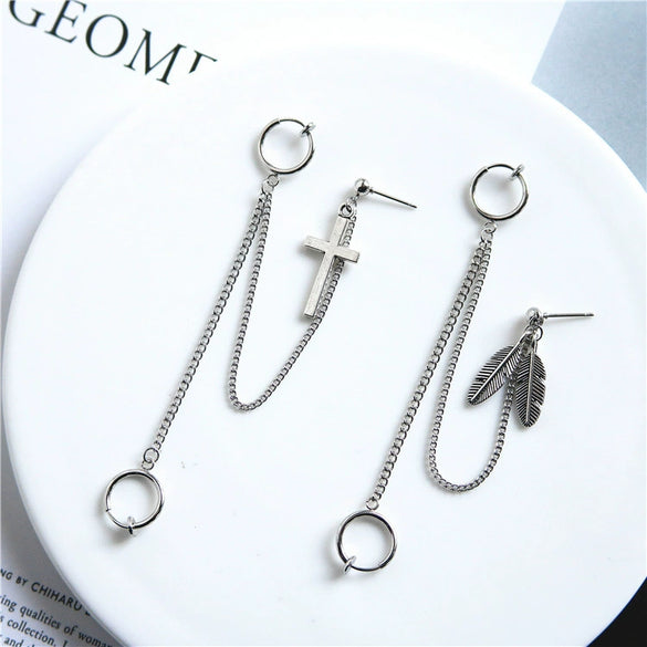 Alloy Feather And Leaf Cross Chain Drop Earrings With Electroplated Tassel Ear Clip Design For Men And Women