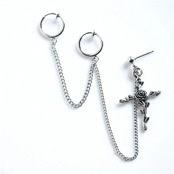 Alloy Feather And Leaf Cross Chain Drop Earrings With Electroplated Tassel Ear Clip Design For Men And Women