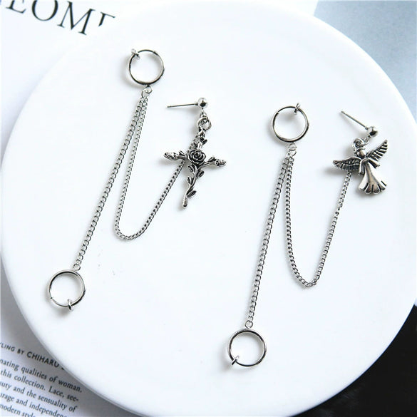 Alloy Feather And Leaf Cross Chain Drop Earrings With Electroplated Tassel Ear Clip Design For Men And Women