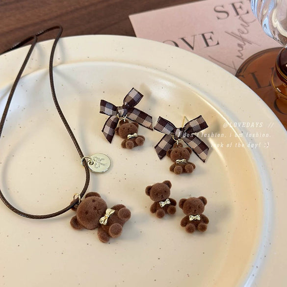 Alloy Flocking Animal Cartoon Bow Plush Bear Women's Earrings