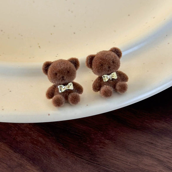 Alloy Flocking Animal Cartoon Bow Plush Bear Women's Earrings