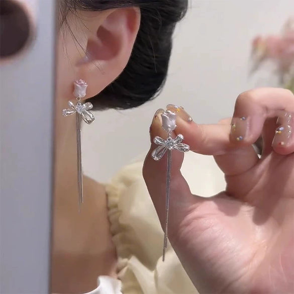 Alloy Flower Dripping Oil Sweet Style Rose Bow Tassel Earrings For Women