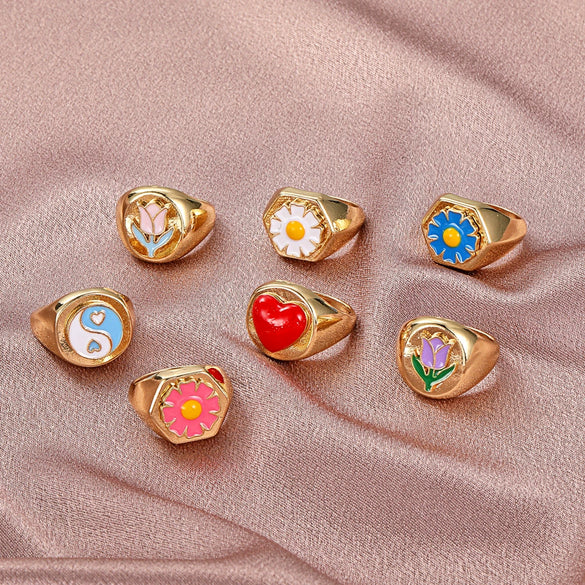 Alloy Flower Heart Ring Retro Creative Dripping Oil Women's