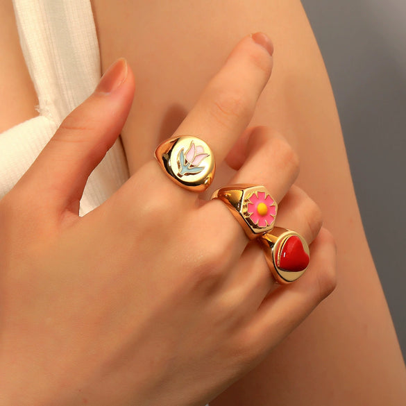 Alloy Flower Heart Ring Retro Creative Dripping Oil Women's