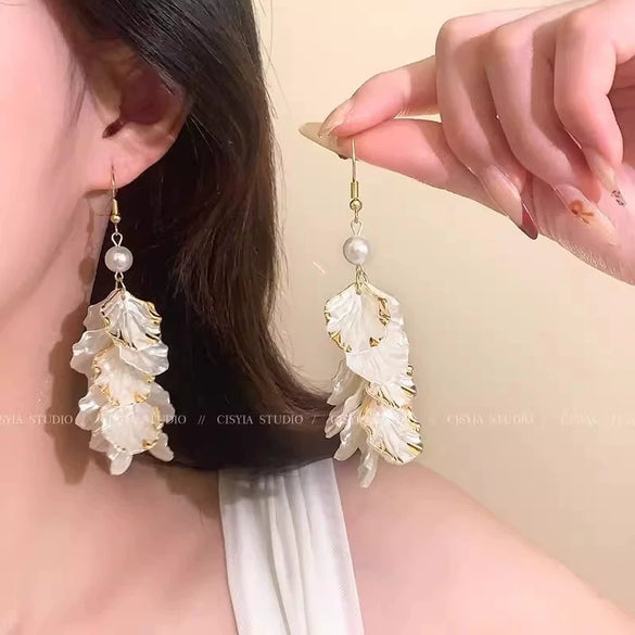 Alloy Flower Petal Tassel Pearl Electroplated Women's Earrings