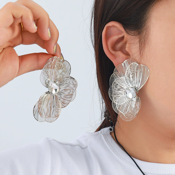 Alloy Flower Petals Diamondencrusted Earrings For Women