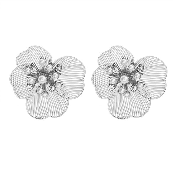 Alloy Flower Stud Earrings For Women Set With Pearls