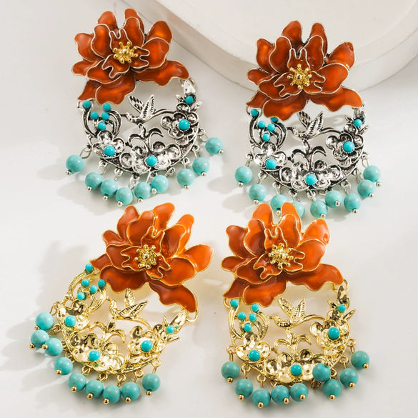 Alloy Flower Tassel Pin Earrings With Diamond Process For Women