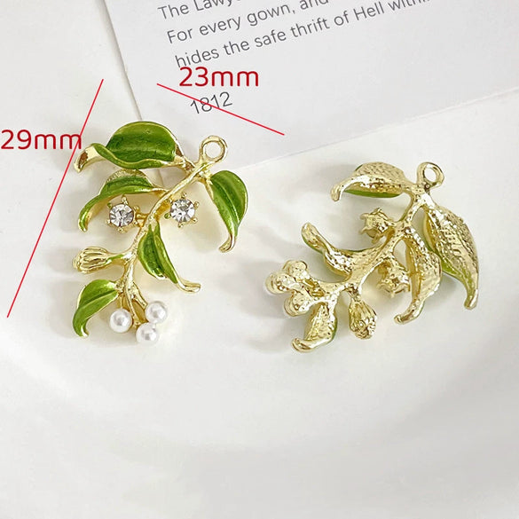 Alloy Fresh Green Leaf Camellia Lily Beaded Accessories With Dripping Oil Design For Bracelet Necklace Earrings Diy Handmade