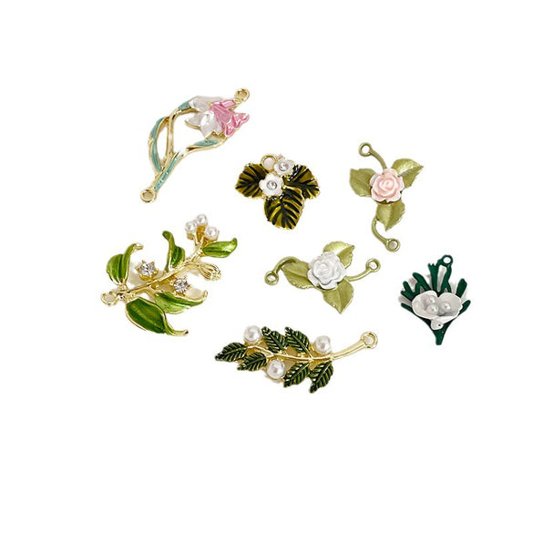Alloy Fresh Green Leaf Camellia Lily Beaded Accessories With Dripping Oil Design For Bracelet Necklace Earrings Diy Handmade