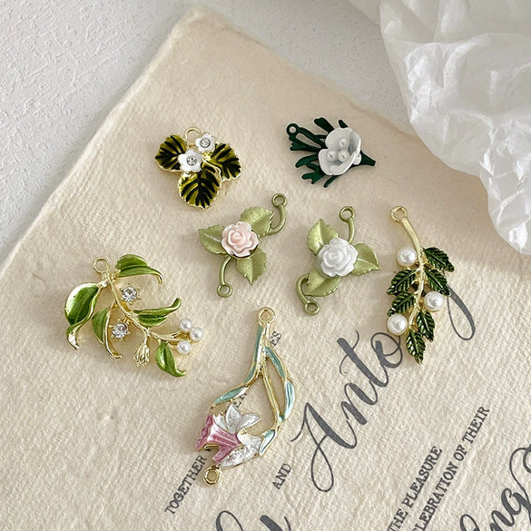 Alloy Fresh Green Leaf Camellia Lily Beaded Accessories With Dripping Oil Design For Bracelet Necklace Earrings Diy Handmade