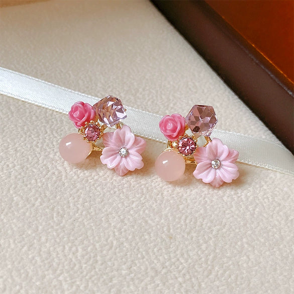 Alloy Fresh Style Flower Stud Earrings With Silver Needle Diamond Opal Crystal And Electroplating Treatment