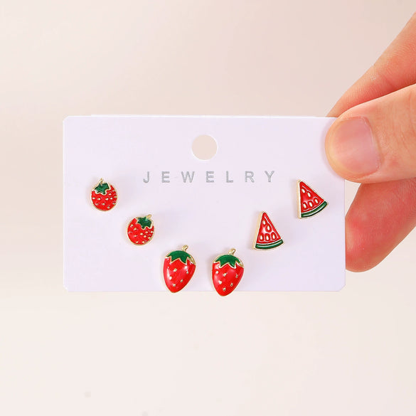 Alloy Fruit Earrings Cute Cartoon Cherry Watermelon Strawberry Electroplated For Women