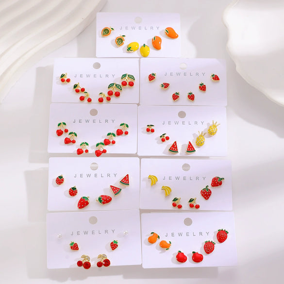 Alloy Fruit Earrings Cute Cartoon Cherry Watermelon Strawberry Electroplated For Women