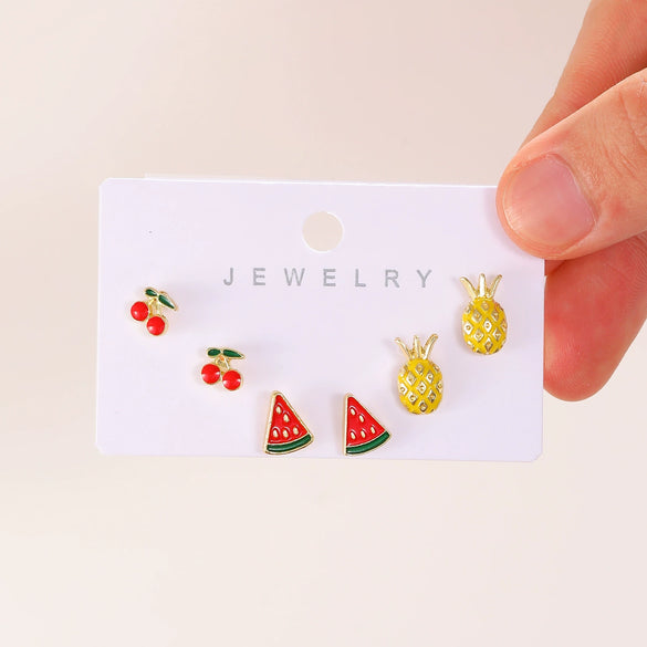 Alloy Fruit Earrings Cute Cartoon Cherry Watermelon Strawberry Electroplated For Women