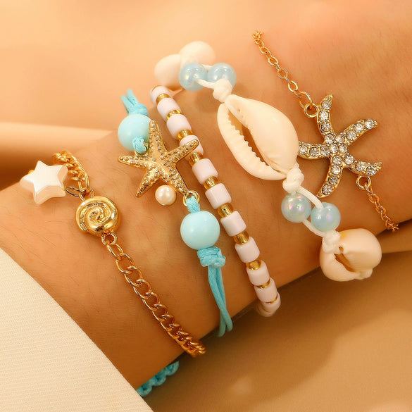 Alloy Geometric And Animal Style Handmade Beaded Chain Conch Starfish Bracelet For Women