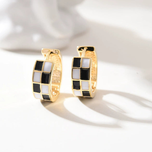 Alloy Geometric Black And White Checkerboard Light Luxury Women's Earrings With Real Gold Plating