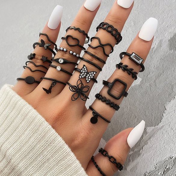 Alloy Geometric Black Butterfly Diamond Pearl Ring Dripping Oil Highend Unisex