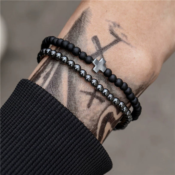 Alloy Geometric Black Frosted Lava Volcanic Stone Handmade Unisex Elastic Bracelet Set