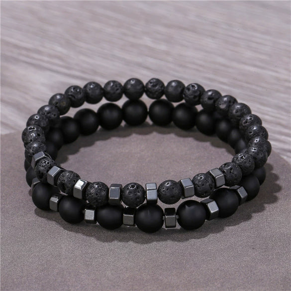 Alloy Geometric Black Frosted Lava Volcanic Stone Handmade Unisex Elastic Bracelet Set